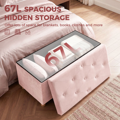 Velvet Storage Ottoman 76cm Wide With Wooden Legs - Velmora