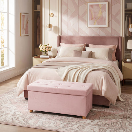 Velvet Storage Ottoman 76cm Wide With Wooden Legs - Velmora