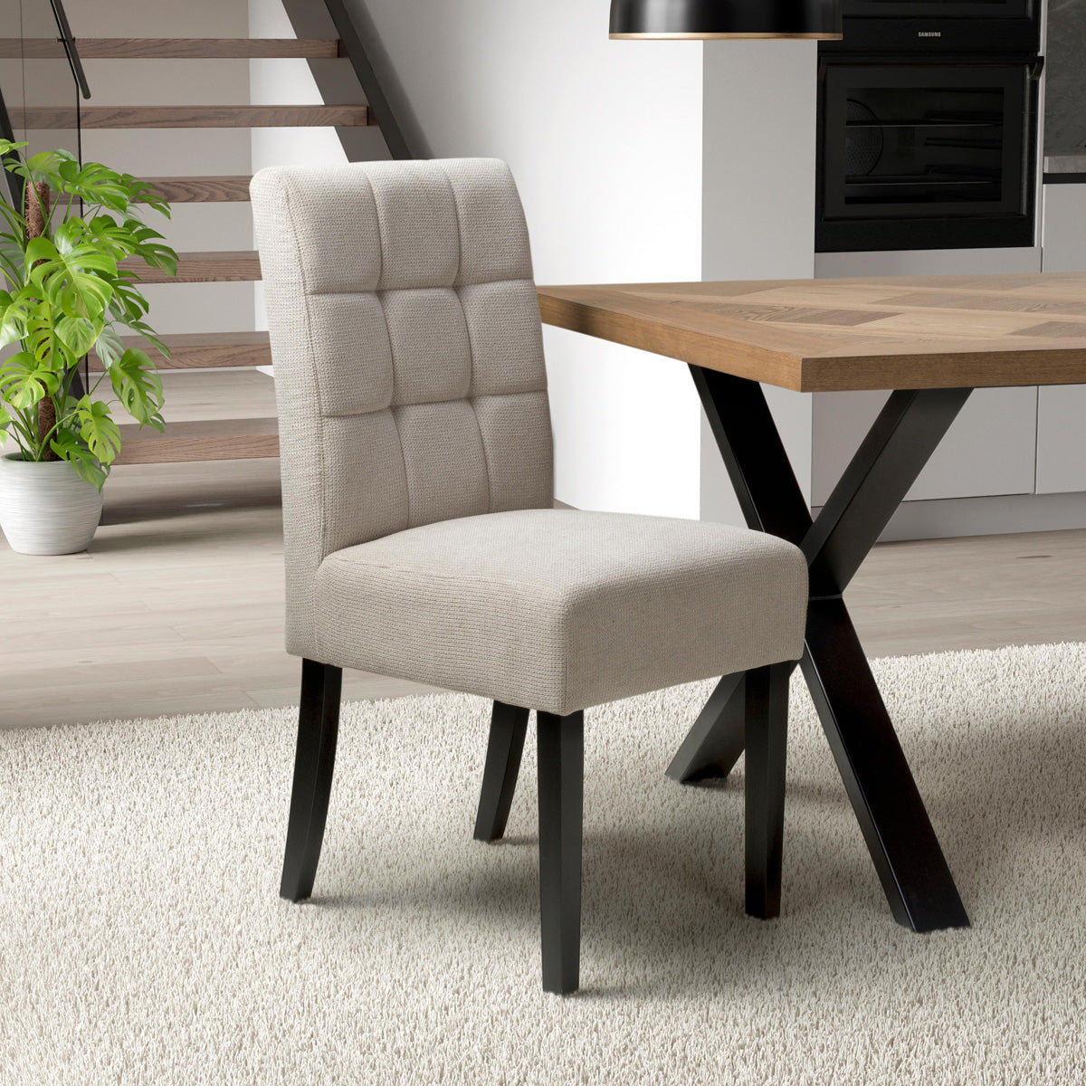 Waffle Flax Effect Fabric Dining Chairs in Set Of 2 With Black Legs - Moseley