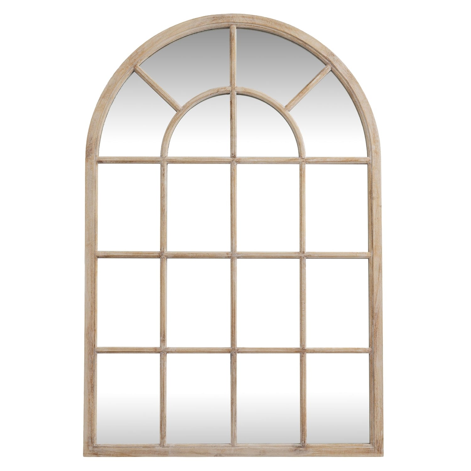 Wall Mirror Arched Window Design In Washed Wooden Frame - Glasgow