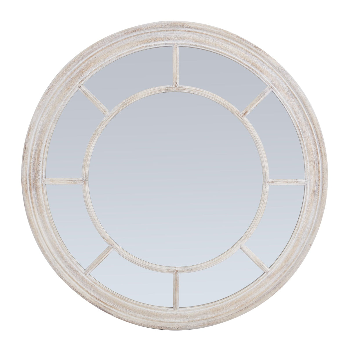 Wall Mirror Window Design Round In Washed Wooden Frame - Bradford