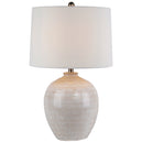 White Linen Shade Table Lamp With Geometric Ceramic Base - Chevronne
