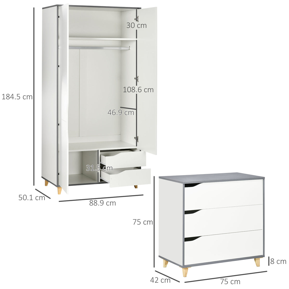 Wooden 2 Piece Bedroom Furniture Set With 2 Doors Wardrobe - Velmora