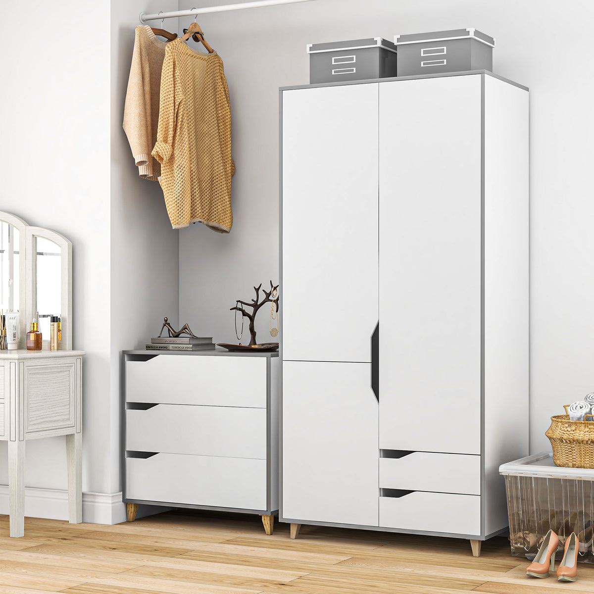 Wooden 2 Piece Bedroom Furniture Set With 2 Doors Wardrobe - Velmora
