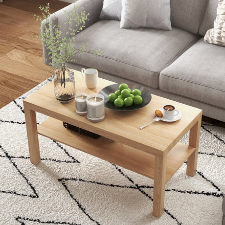Wooden 2-Tier Coffee Table Rectangular With Storage Shelf - Velmora