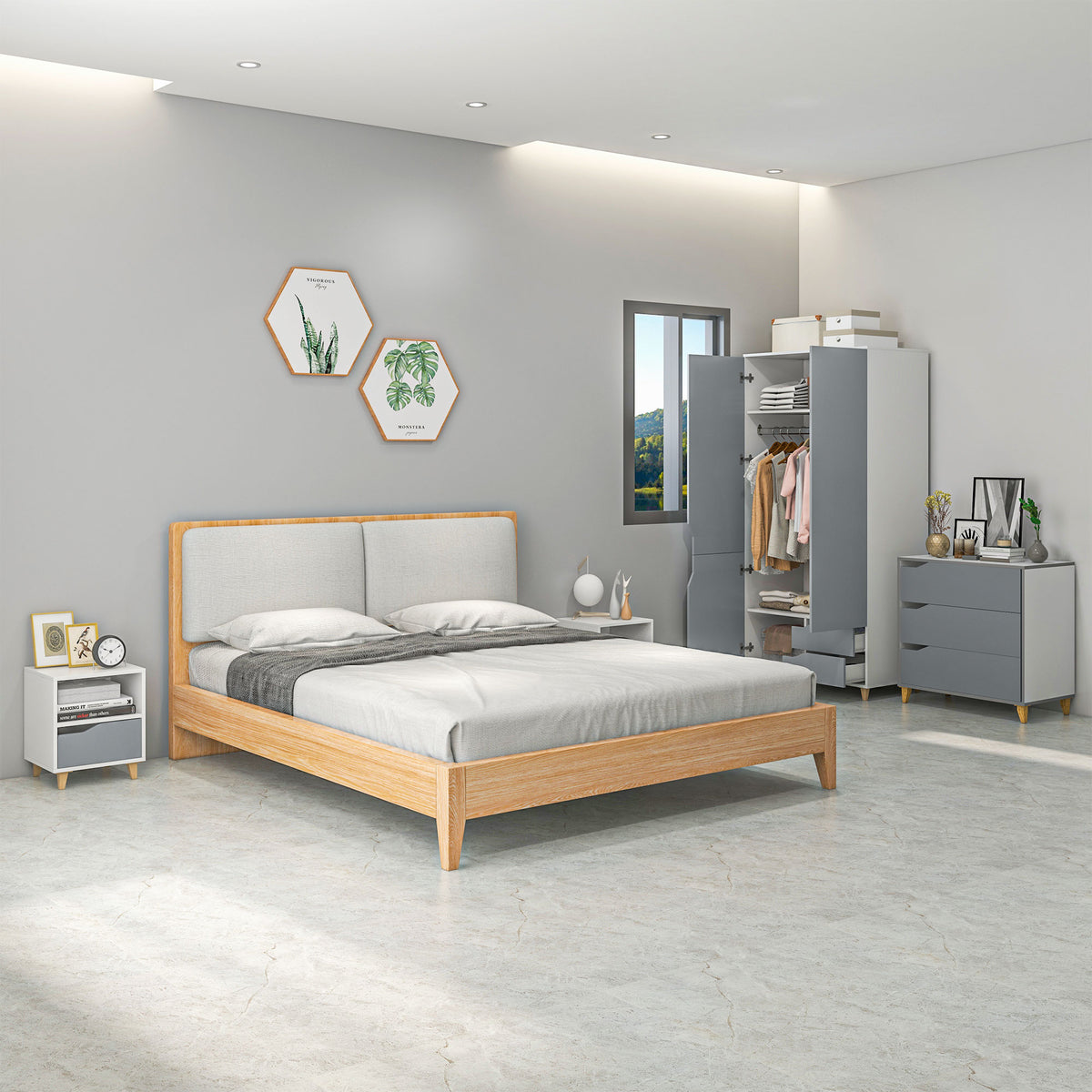 Wooden 3 Piece Bedroom Furniture Set With 2 Doors Wardrobe - Velmora
