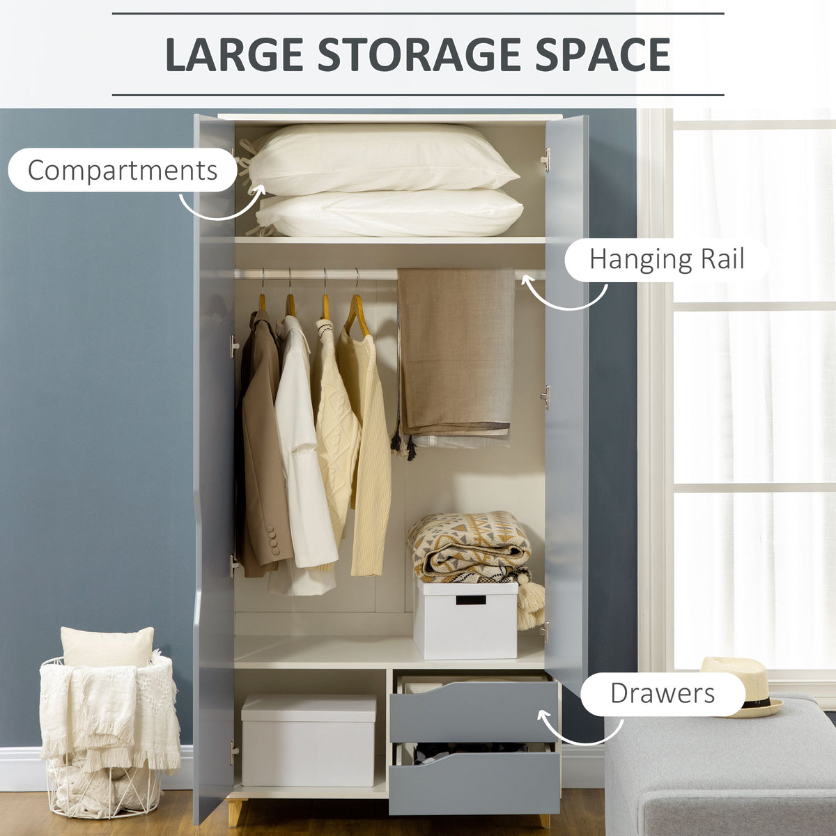 Wooden 3 Piece Bedroom Furniture Set With 2 Doors Wardrobe - Velmora