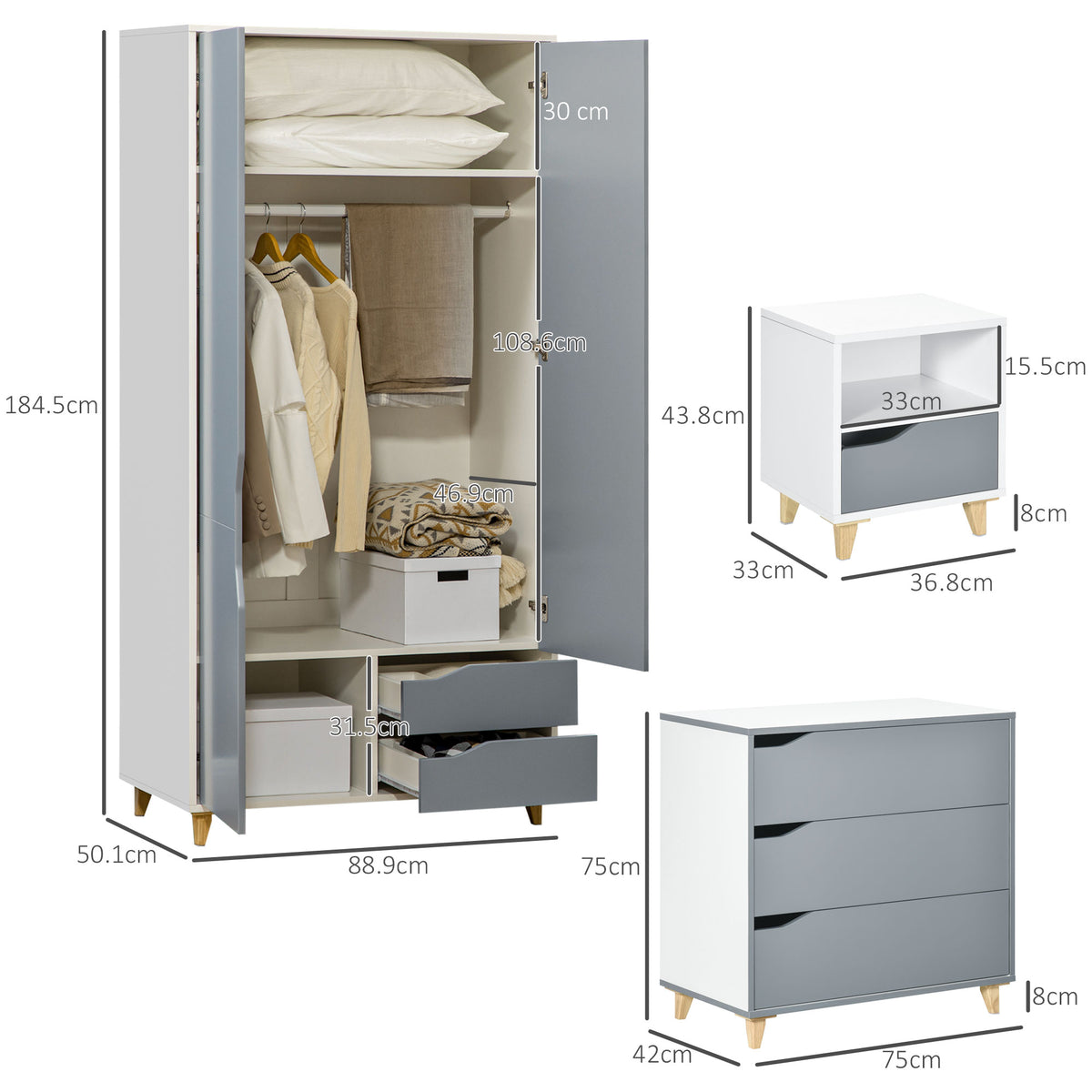 Wooden 3 Piece Bedroom Furniture Set With 2 Doors Wardrobe - Velmora