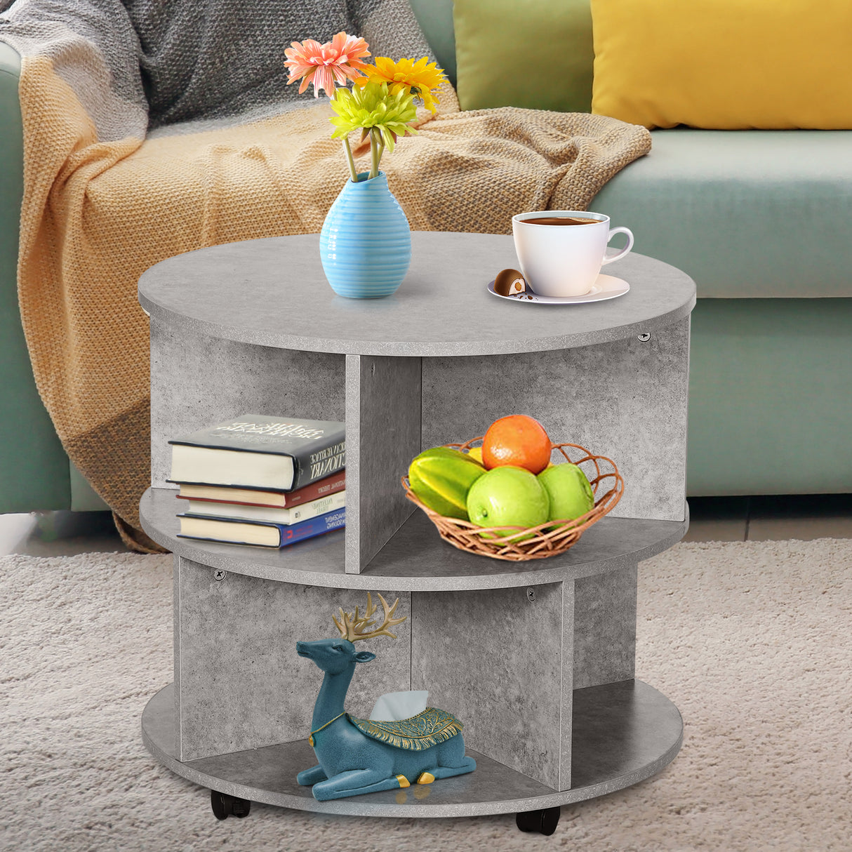 Wooden 3-Tier Coffee Table Round With Wheels - Velmora