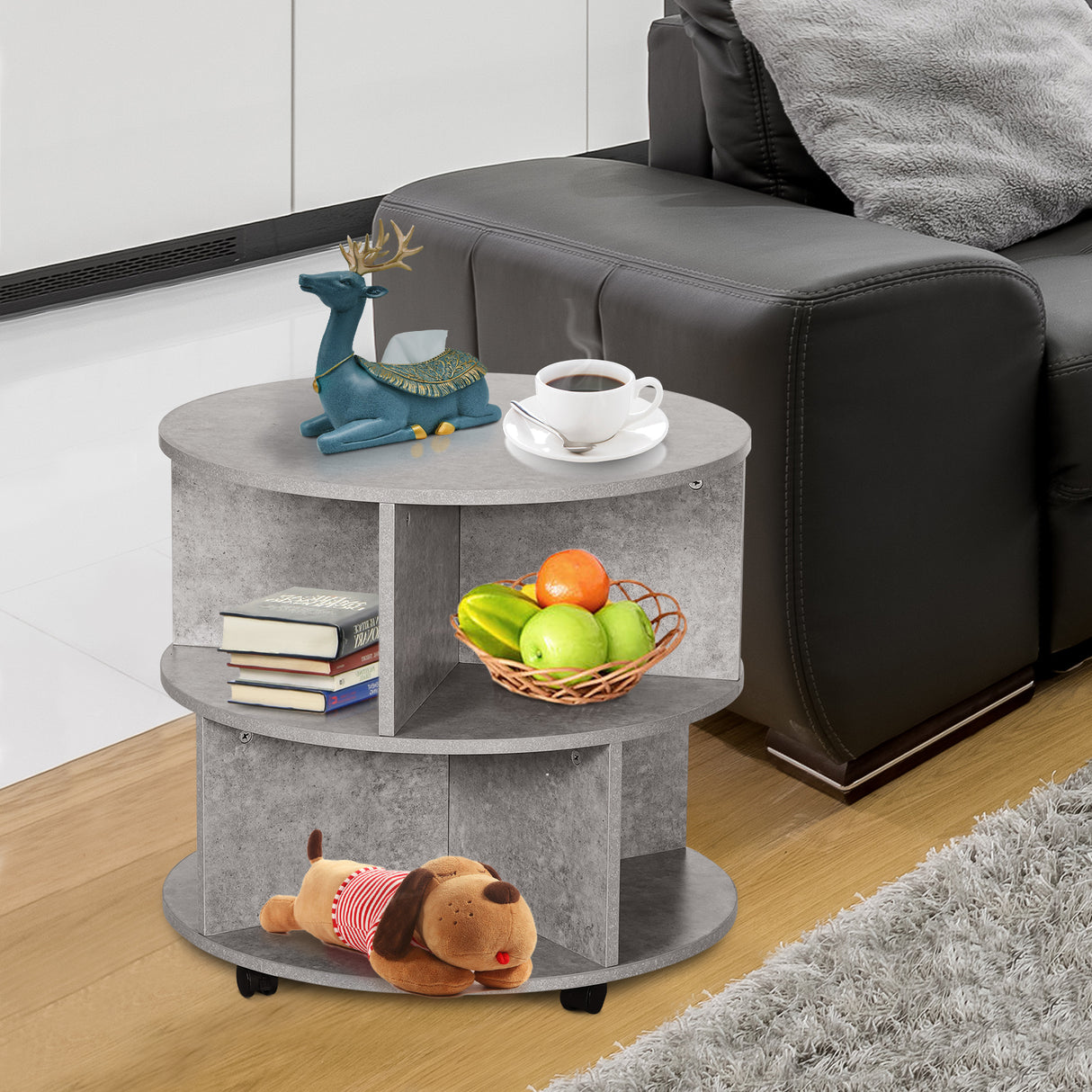 Wooden 3-Tier Coffee Table Round With Wheels - Velmora