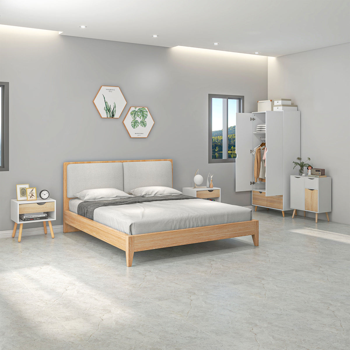 Wooden 4 Piece Bedroom Furniture Set With 2 Doors Sideboard - Velmora