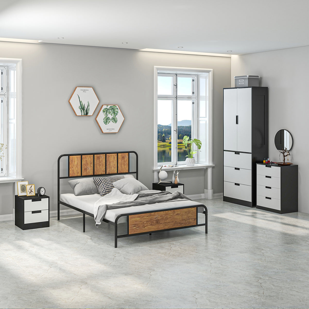 Wooden 4 Piece Bedroom Furniture Set With 2 Doors Wardrobe - Velmora