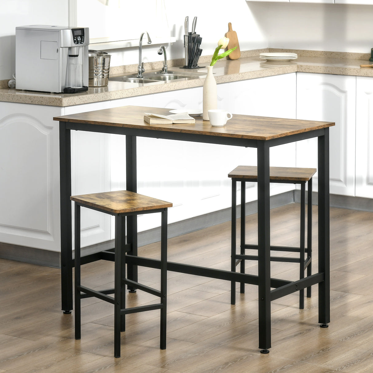Wooden Bar Stool 40cm Wide With Metal Frame in Set Of 2 - Velmora