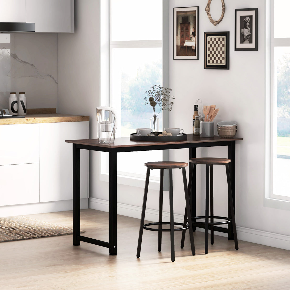 Wooden Bar Stool 42cm Diameter With Metal Frame in Set Of 2 - Velmora