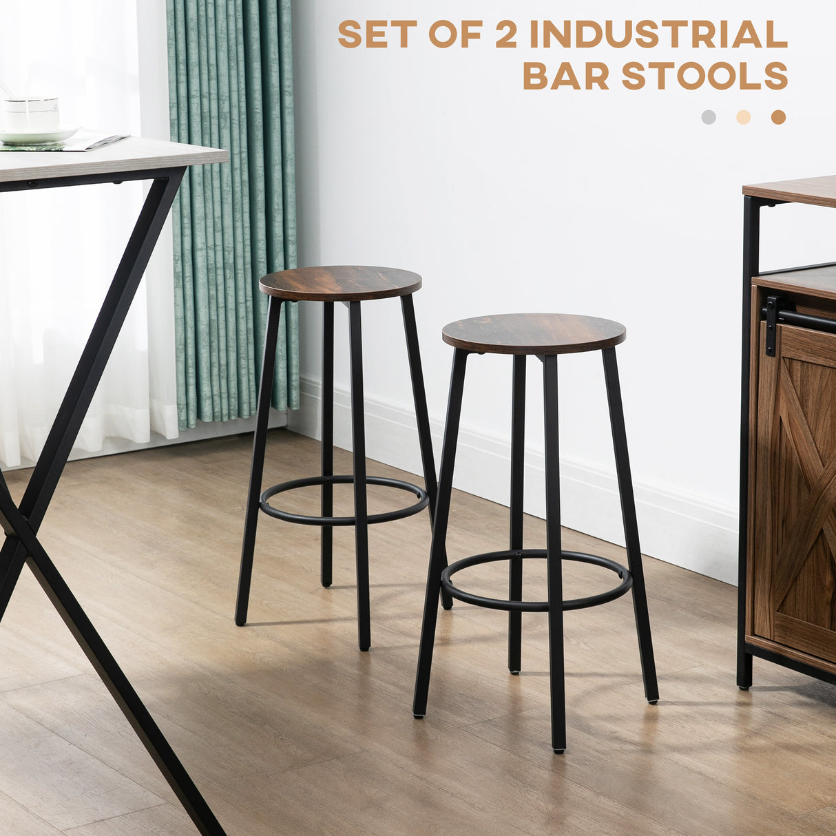 Wooden Bar Stool 42cm Diameter With Metal Frame in Set Of 2 - Velmora