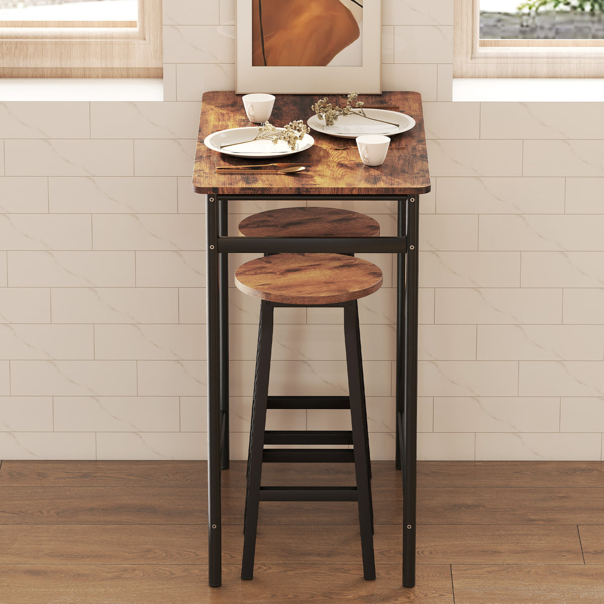 Wooden Bar Stools 32cm Diameter With Metal Frame in Set Of 2 - Velmora