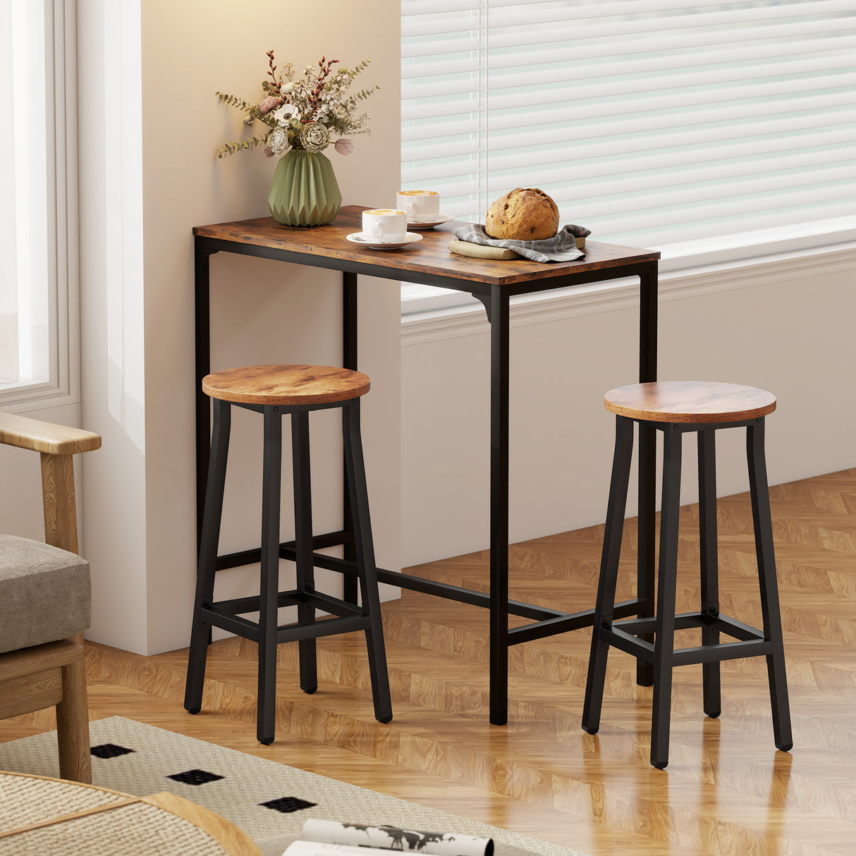 Wooden Bar Stools 32cm Diameter With Metal Frame in Set Of 2 - Velmora