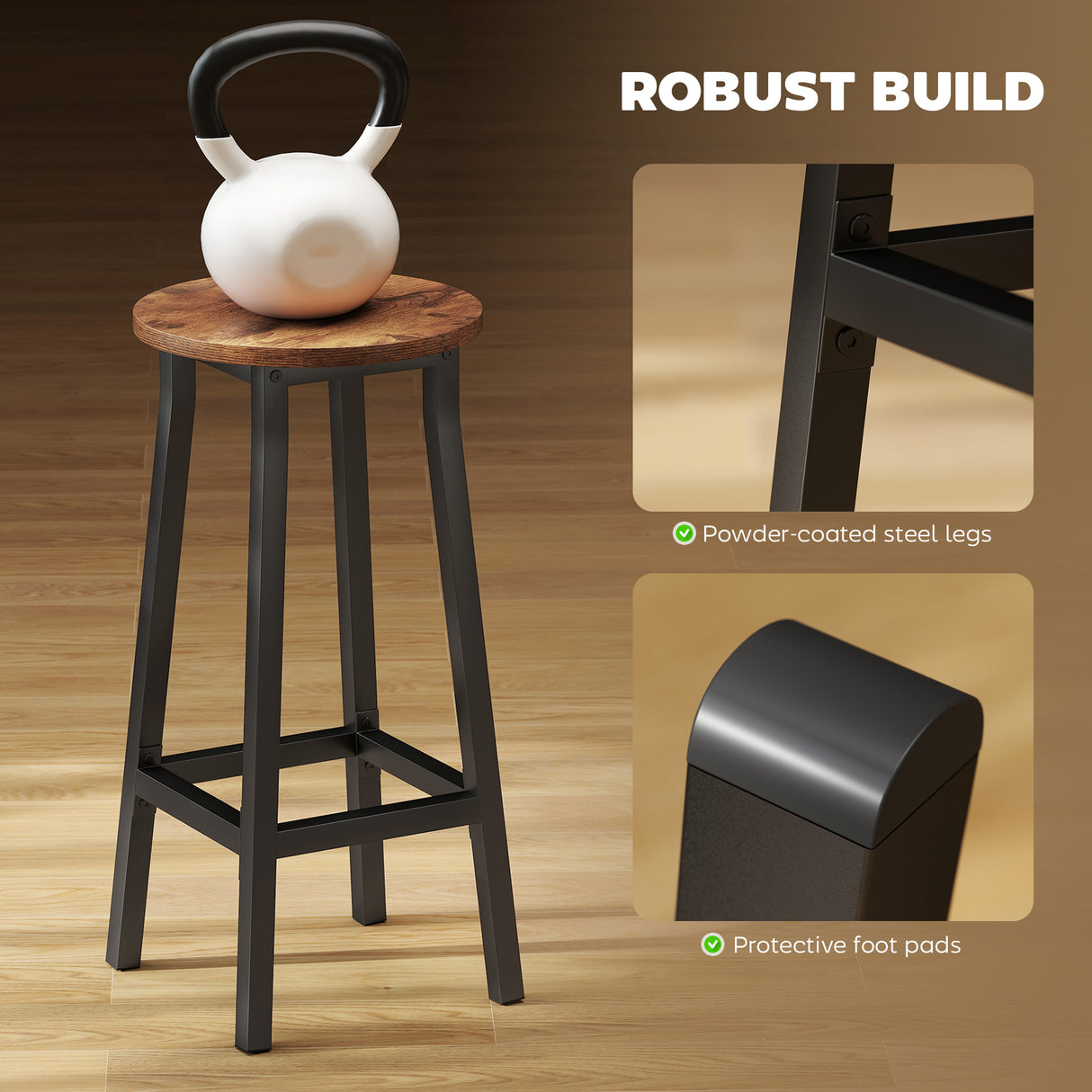 Wooden Bar Stools 32cm Diameter With Metal Frame in Set Of 2 - Velmora