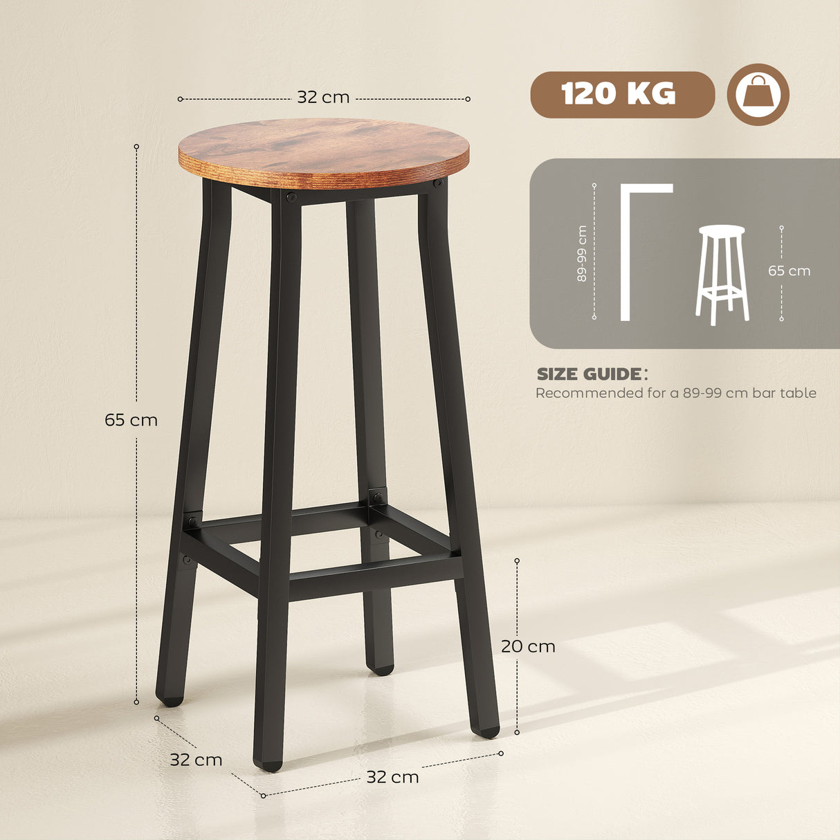 Wooden Bar Stools 32cm Diameter With Metal Frame in Set Of 2 - Velmora