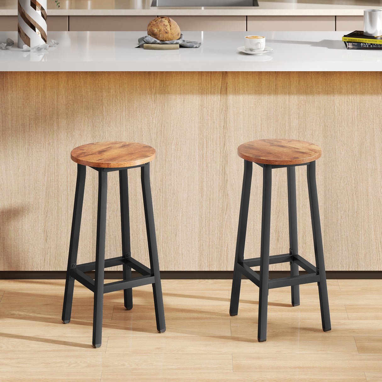 Wooden Bar Stools 32cm Diameter With Metal Frame in Set Of 2 - Velmora