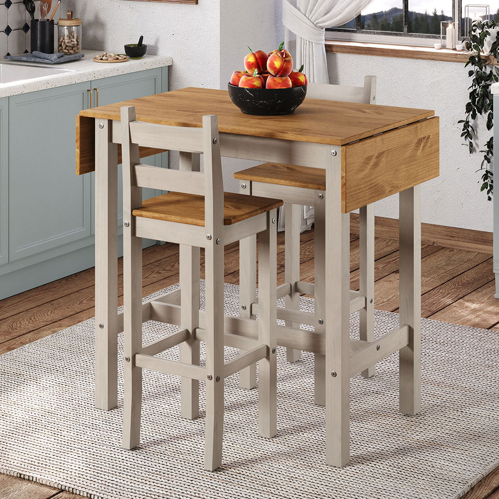 Wooden Bar Table 100cm Wide Drop Leaf With 2 Bar Chairs - Corona