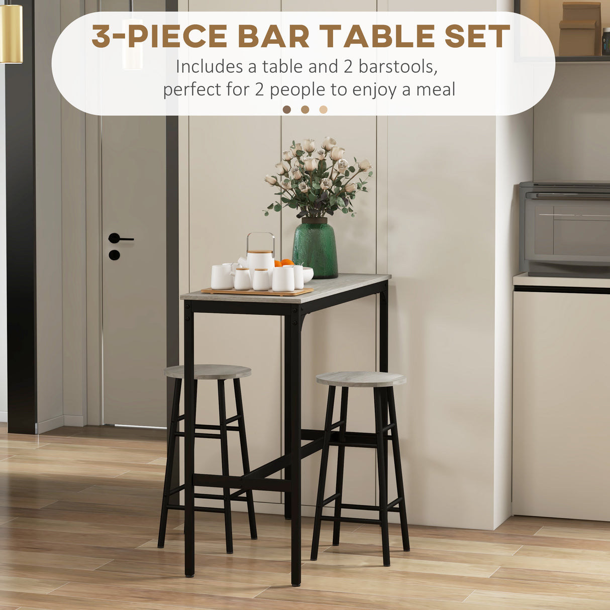 Wooden Bar Table 105cm Wide Rectangular With 2 Stools - Velmora