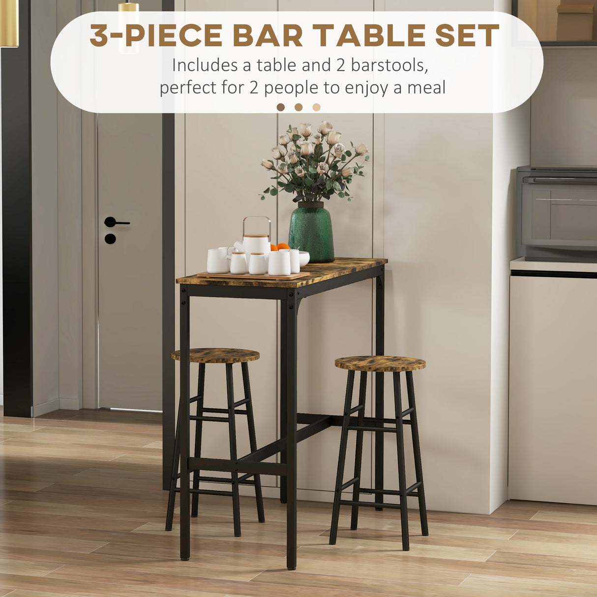 Wooden Bar Table 105cm Wide Rectangular With 2 Stools - Velmora