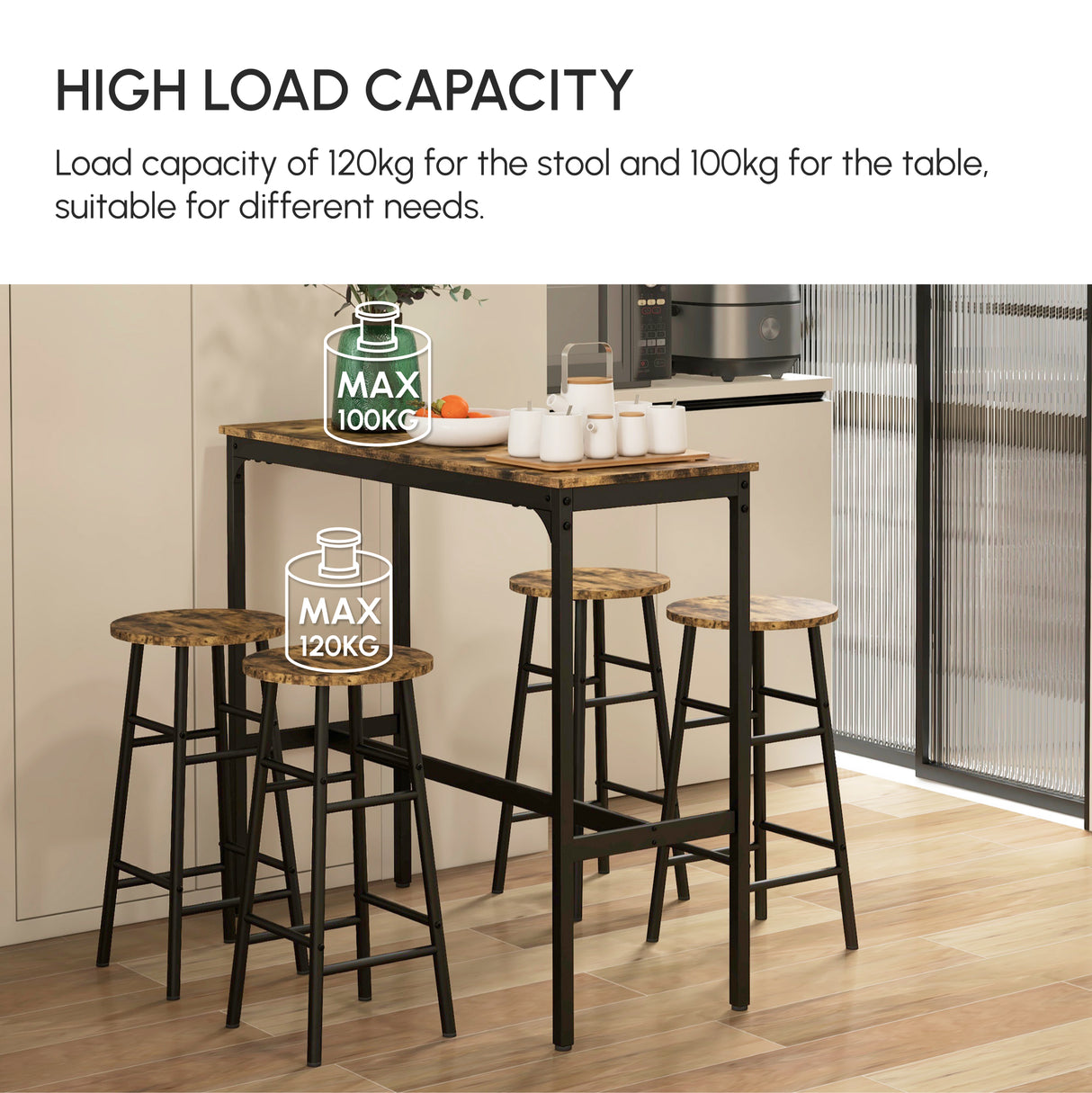 Wooden Bar Table 105cm Wide Rectangular With 4 Stools - Velmora
