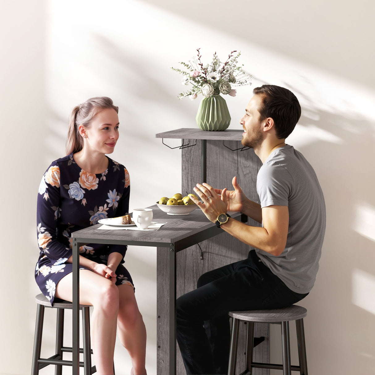 Wooden Bar Table 120cm Wide Rectangular With 2 Stools And Steel Frame - Velmora