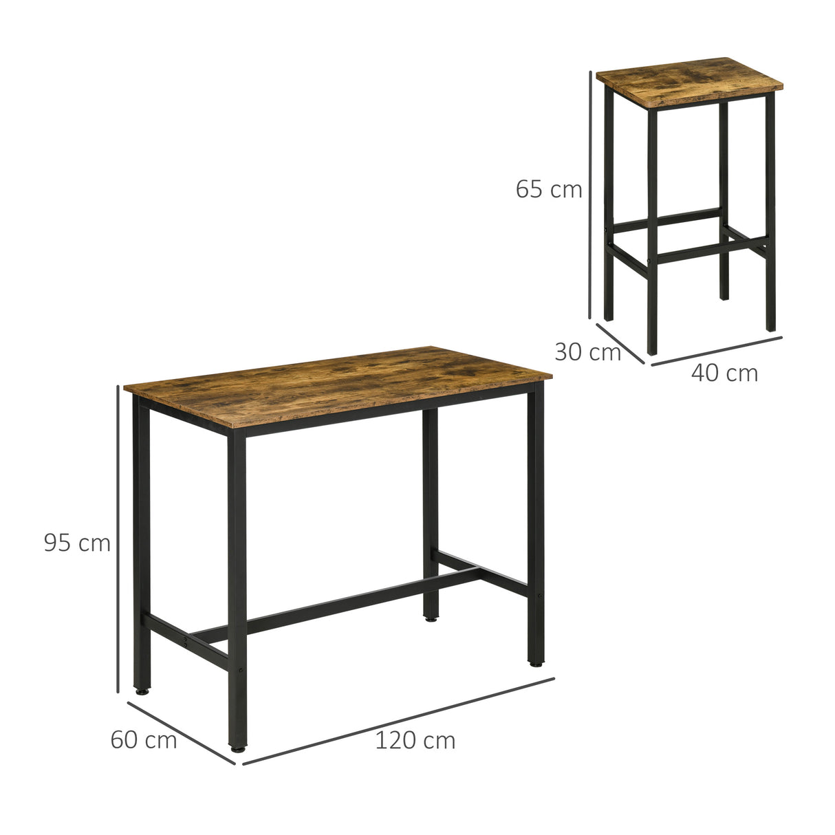 Wooden Bar Table 120cm Wide Rectangular With 2 Stools - Velmora