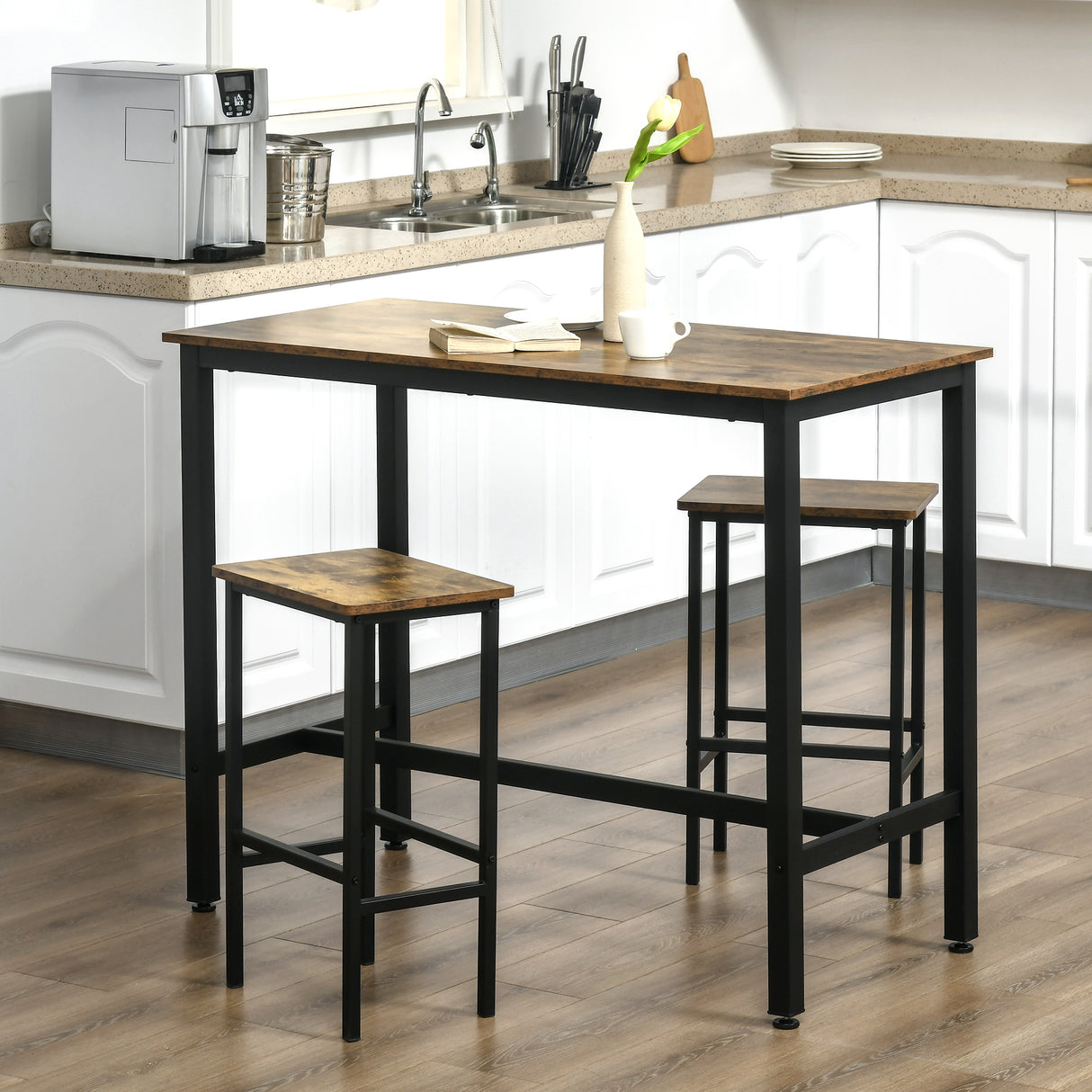Wooden Bar Table 120cm Wide Rectangular With 2 Stools - Velmora