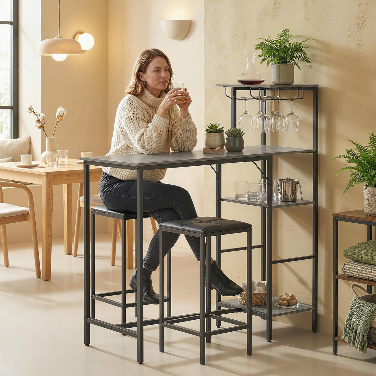 Wooden Bar Table 122cm Wide Rectangular With 2 Stools - Velmora