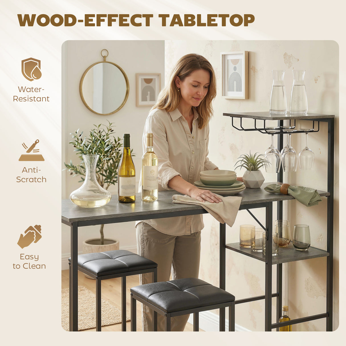 Wooden Bar Table 122cm Wide Rectangular With 2 Stools - Velmora