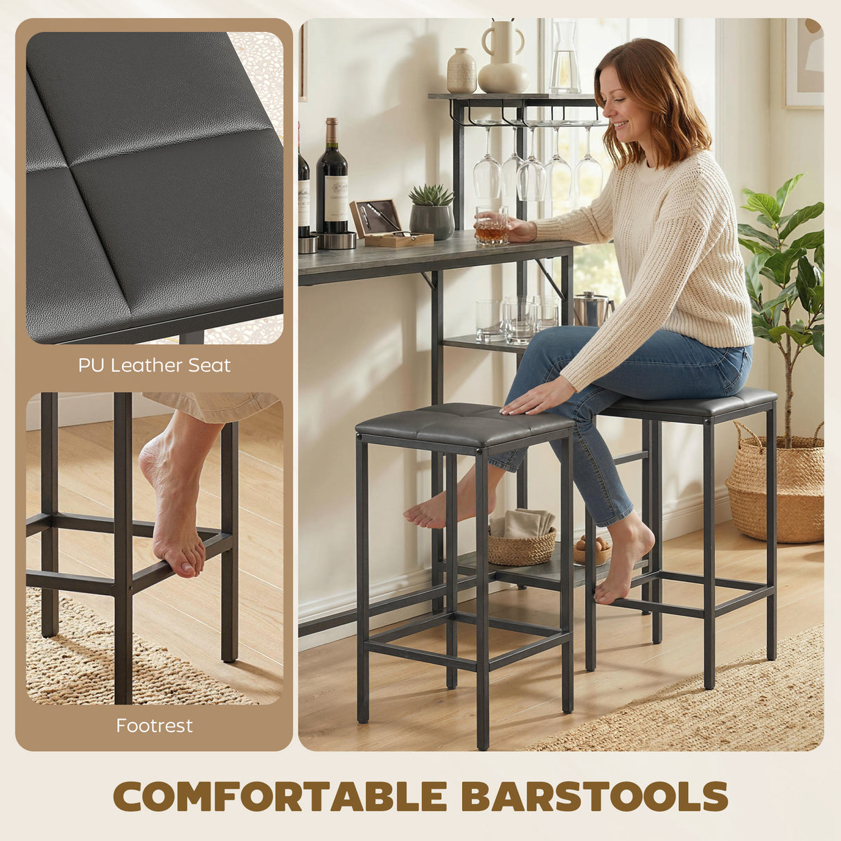 Wooden Bar Table 122cm Wide Rectangular With 2 Stools - Velmora