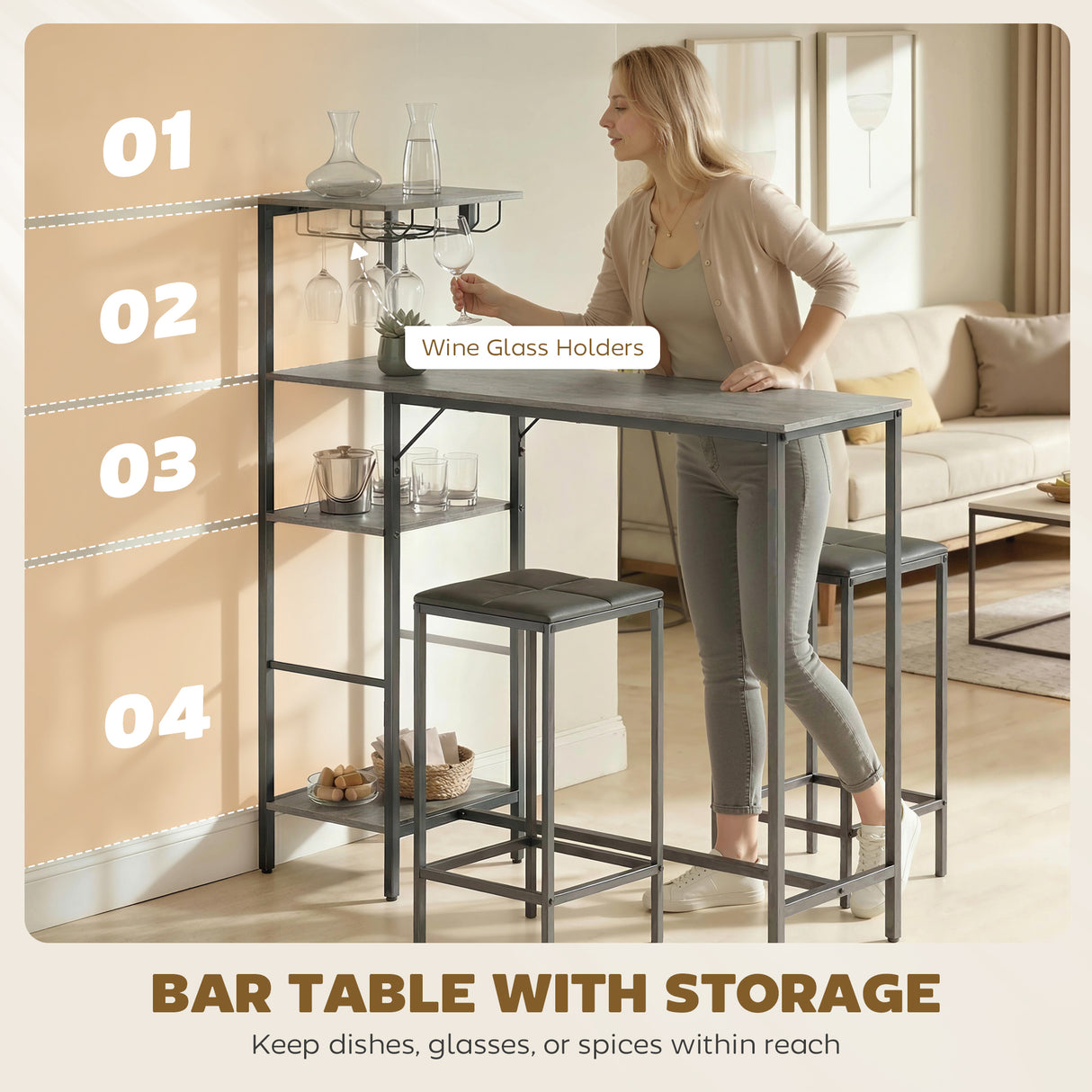 Wooden Bar Table 122cm Wide Rectangular With 2 Stools - Velmora