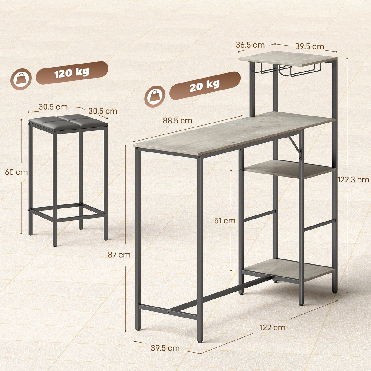 Wooden Bar Table 122cm Wide Rectangular With 2 Stools - Velmora