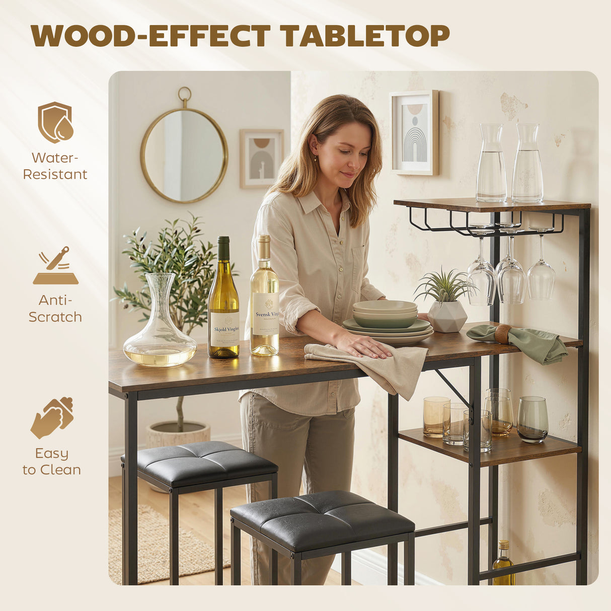 Wooden Bar Table 122cm Wide Rectangular With 2 Stools - Velmora
