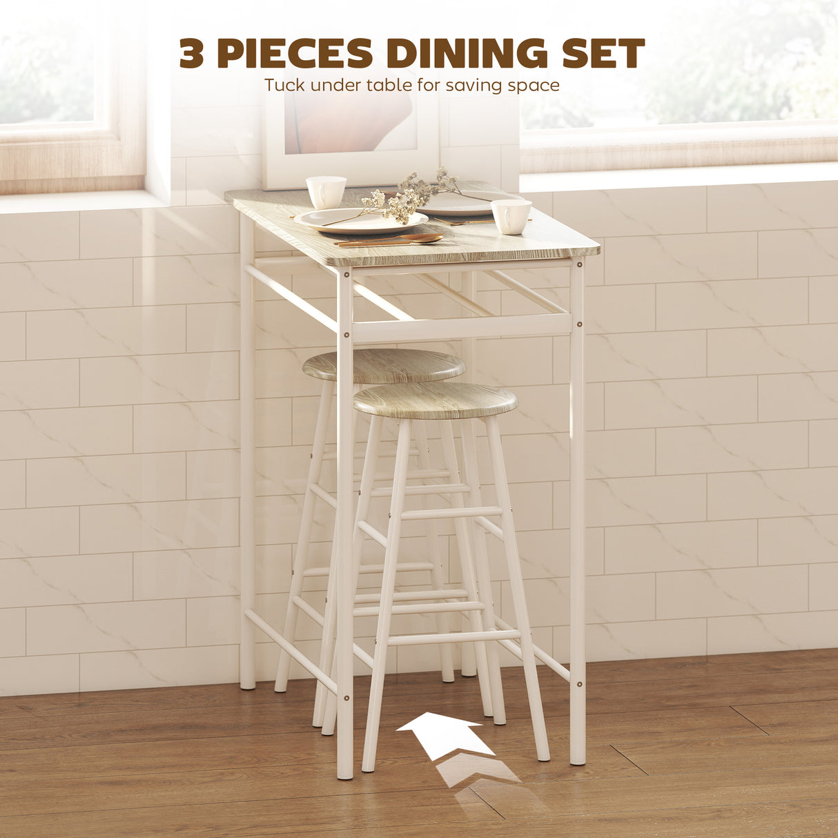 Wooden Bar Table 80cm Wide Rectangular With 2 Stools - Velmora