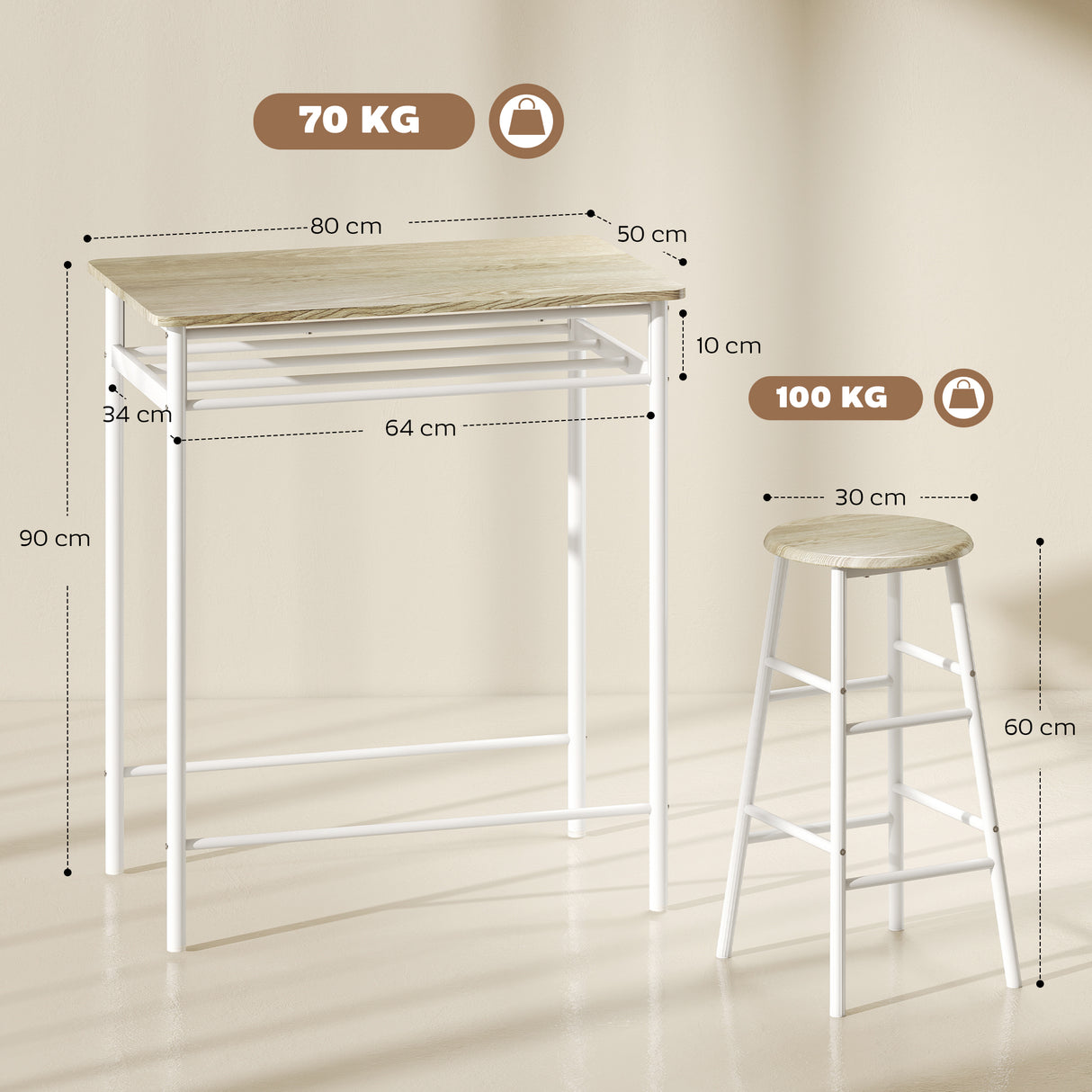 Wooden Bar Table 80cm Wide Rectangular With 2 Stools - Velmora