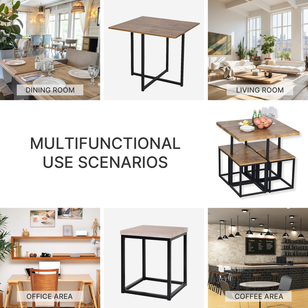 Wooden Bar Table 80cm Wide Square With 4 Stools - Velmora