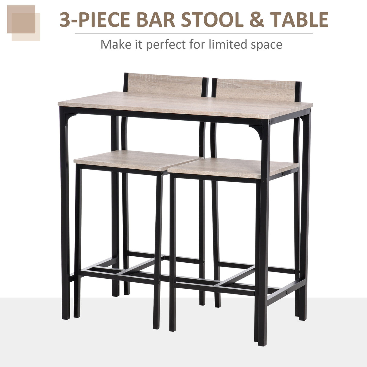 Wooden Bar Table 89cm Wide Rectangular With 2 Stools - Velmora