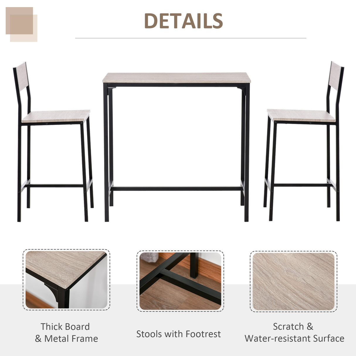 Wooden Bar Table 89cm Wide Rectangular With 2 Stools - Velmora