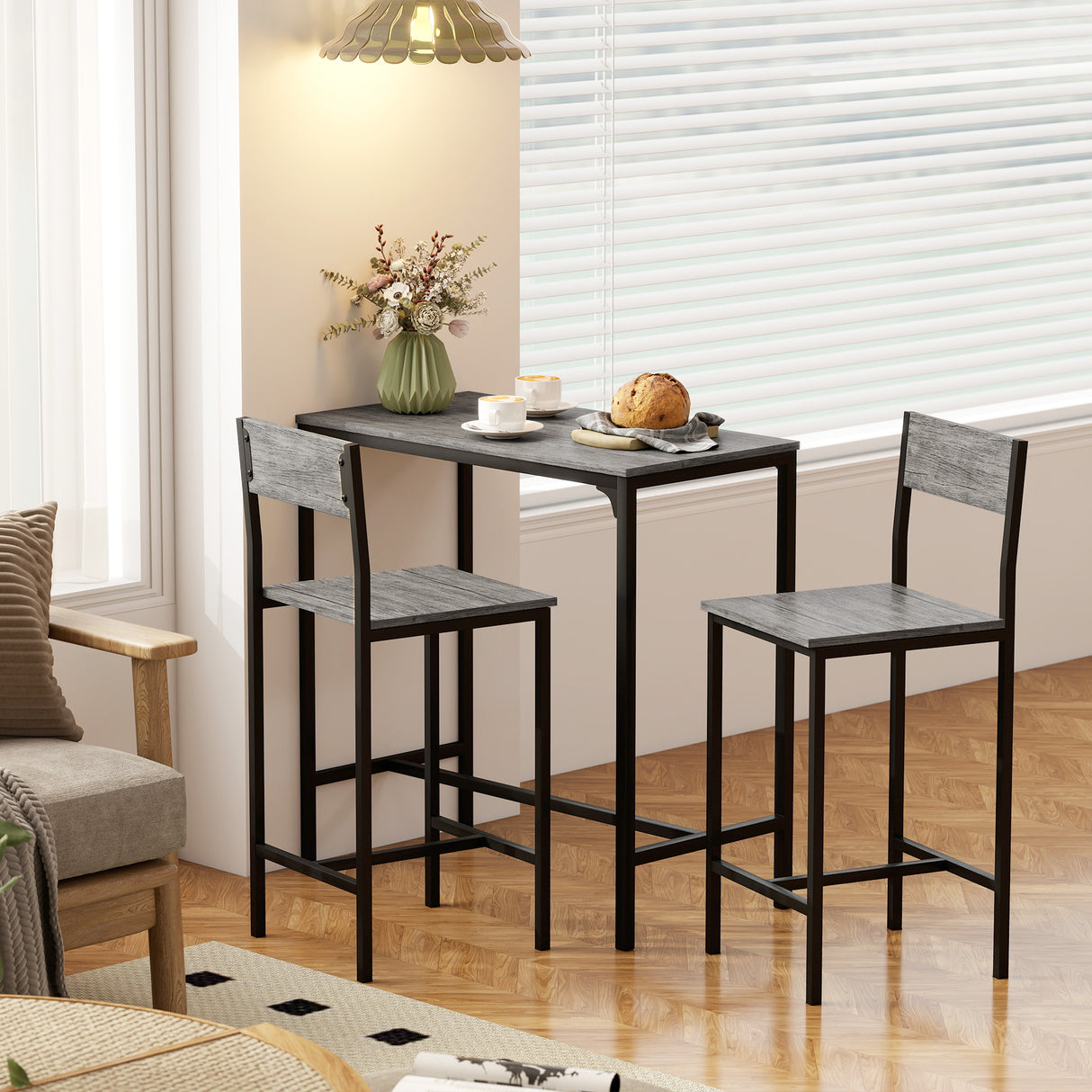 Wooden Bar Table 89cm Wide Rectangular With 2 Stools - Velmora