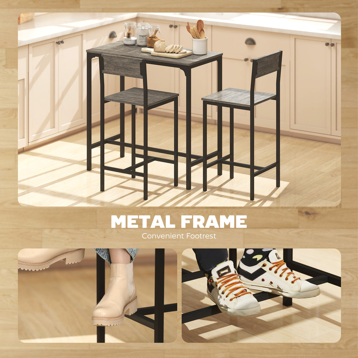 Wooden Bar Table 89cm Wide Rectangular With 2 Stools - Velmora