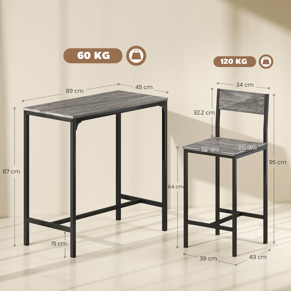 Wooden Bar Table 89cm Wide Rectangular With 2 Stools - Velmora