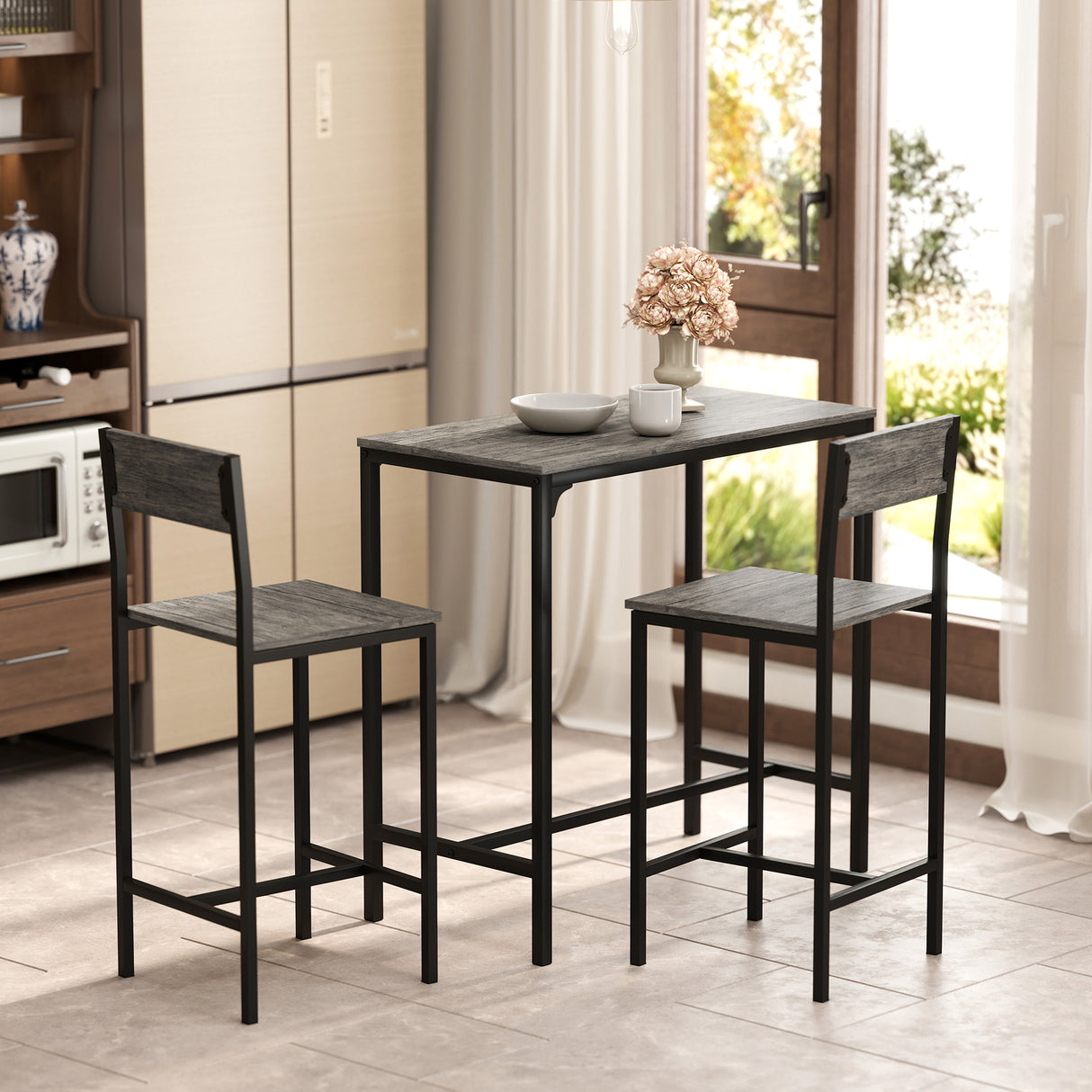 Wooden Bar Table 89cm Wide Rectangular With 2 Stools - Velmora