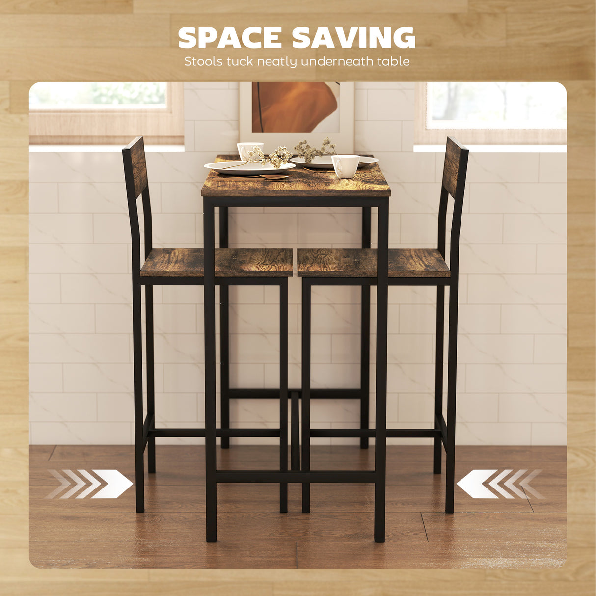 Wooden Bar Table 89cm Wide Rectangular With 2 Stools - Velmora