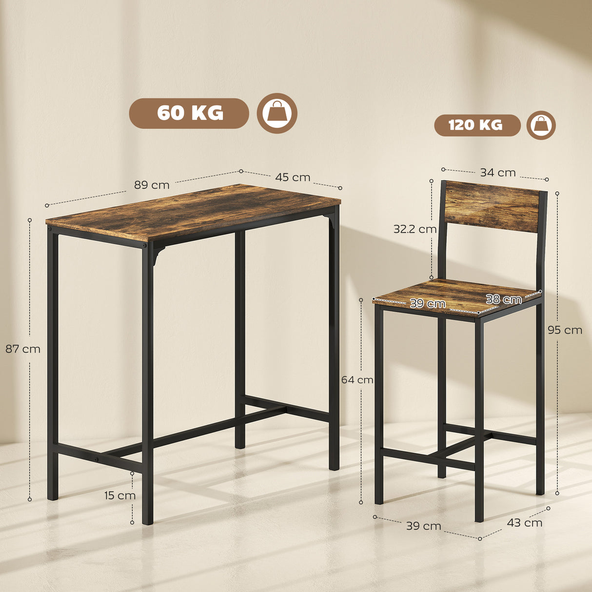 Wooden Bar Table 89cm Wide Rectangular With 2 Stools - Velmora