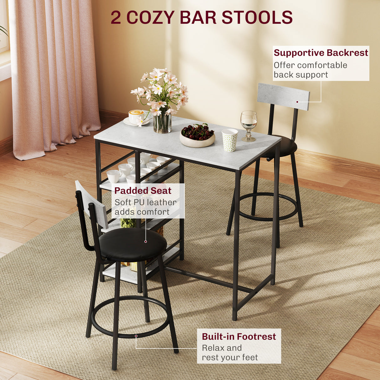 Wooden Bar Table 90cm Wide Rectangular With 2 Stools - Velmora