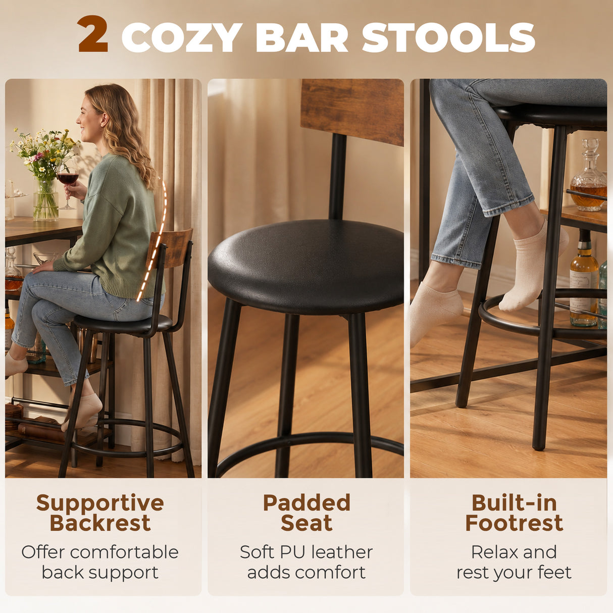 Wooden Bar Table 90cm Wide Rectangular With 2 Stools - Velmora